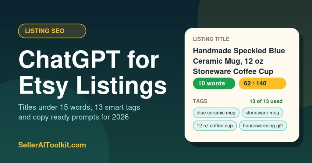 ChatGPT for Etsy listings cover showing a ten word listing title, a 62 of 140 character count and four Etsy tags