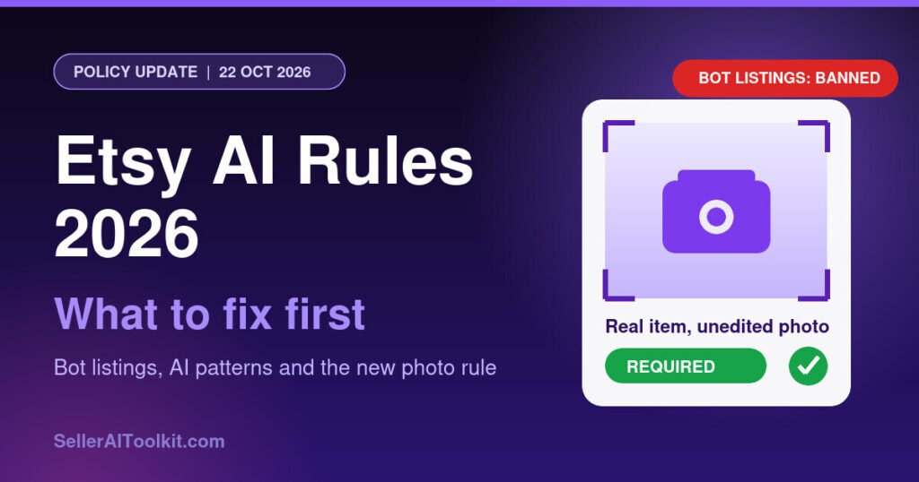 Etsy AI rules 2026 cover showing a camera icon for the required unedited listing photo and a banned bot listings badge